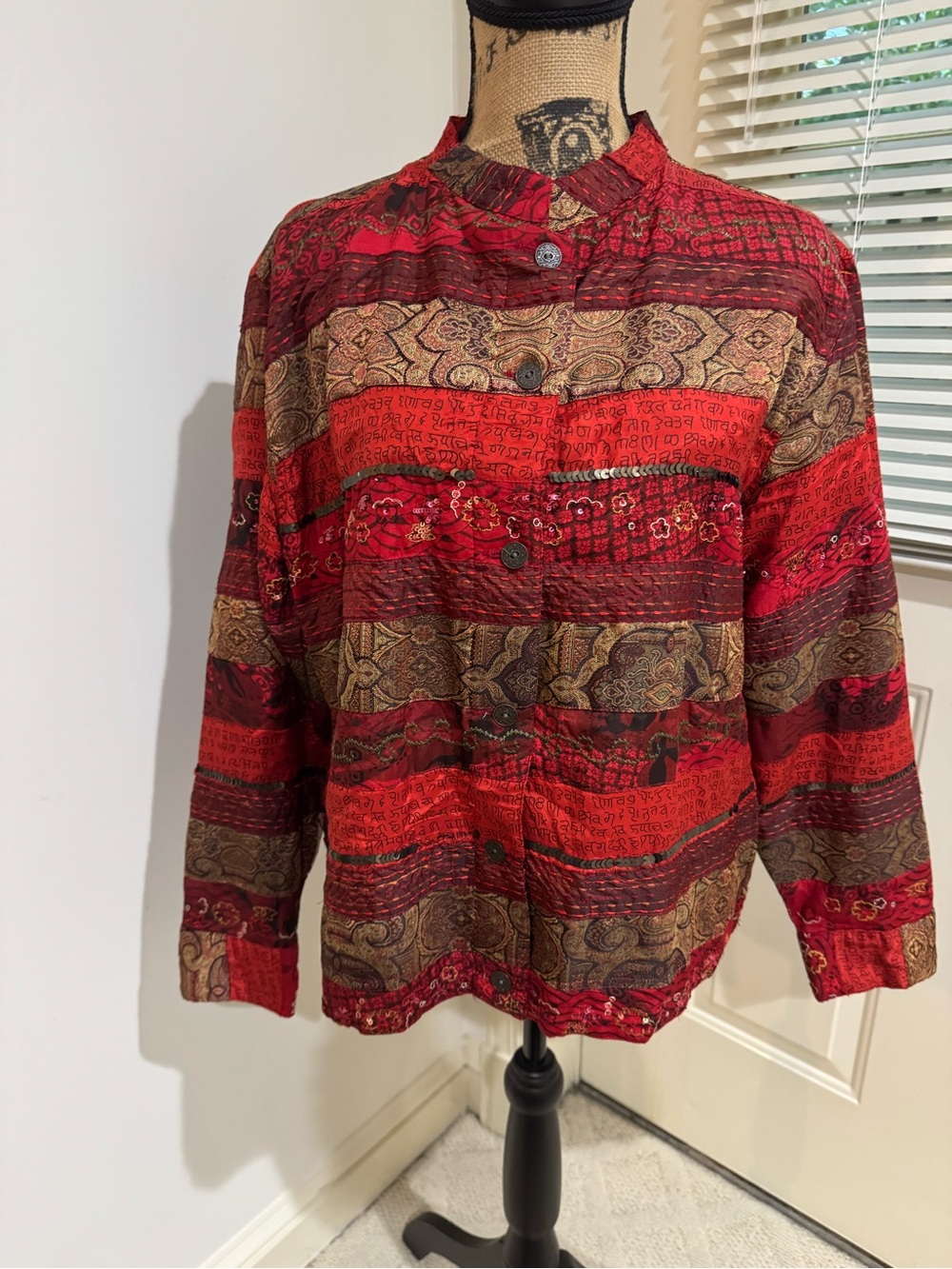 Chico's Red and Brown Patchwork Button Jacket